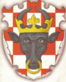 Herb województwa kaliskiego w wykonaniu Stanisława Eljasz-Radzikowskiego na jednej z pocztówek z 1910 roku wydanych przez Towarzystwo Szkoły Ludowej