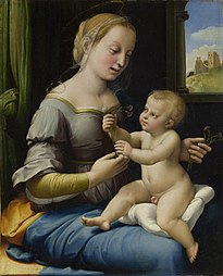 Fecioară a garoafelor de Rafael. Compoziția se bazează îndeaproape pe Madona Benois de Leonardo da Vinci, însă schema de culori de albastru și verde care leagă Fecioara de peisaj este a lui Rafael.