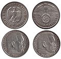 5-Райхсмарки монети преди (1936) и след добавянето на нацистката свастика (1938)