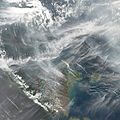 Fires on Sumatra and the resulting haze. Image captured 4 October 2006 by the Aqua MODIS satellite.