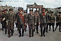 The Deputy Supreme Commander in Chief of the Red Army, Marshal G Zhukov, the Commander of the 21st Army Group, Field Marshal Sir Bernard Montgomery, Marshal Rokossovsky and General Sokolovsky of the Red Army leave the Brandenburg Gate, 1945.