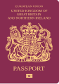 2006年3月至2019年3月間簽發的英國公民護照封面，頂部印有英文「EUROPEAN UNION（歐洲聯盟）」字樣。