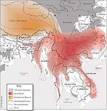 The Southeast Asian Massif (in red) next to the Himalayan Massif (in yellow)[5]