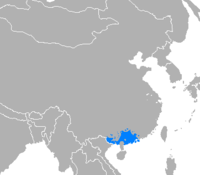 Sinisellä väritetty alue on kantoninkiinaa puhuva alue Kiinassa.