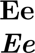Uppercase and lowercase versions of E, in normal and italic type