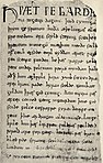 Første side av Beowulf, som foreligger i den ødelagte manuskriptsamlingen Nowellkodeksen..