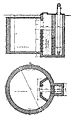 Sl. 10. Cisterna od 100 m3 Gore uzdužni presjek, dolje poprečni presjek