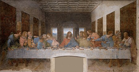 لوحة العشاء الأخير لِليوناردو دا ڤينشي، التي صوَّر فيها آخر لقاءٍ جمع يسوع المسيح بِالحواريين قبل أن يقبض عليه الرومان ويُحاكموه وفق المُعتقدات المسيحيَّة