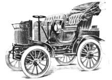gravure d'une ancienne voiture, décapotable, à deux fois deux places, avec petite chaudière devant le volant