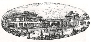 Σχέδιο μεγάλης πλατείας με μεγάλα κτίρια, κήπους, και θριαμβευτική αψίδα.
