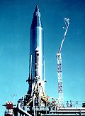 Atlas-B with SCORE on the launch pad; the rocket (without booster engines) constituted the satellite