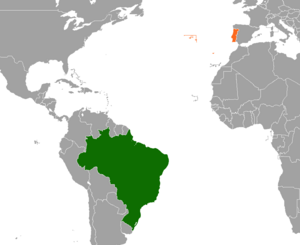 Mapa indicando localização do Brasil e de Portugal.