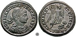 e Münze vom Chaiser Konstantin II. mit de Uufschrift ALAMANNIA DEVICTA "Alemannie bisigt"