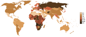 Коефициент на смъртността в страните по света през 2009 г. (данни на CIA World Factbook)