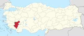 देनिझ्ली प्रांतचे तुर्कस्तान देशाच्या नकाशातील स्थान