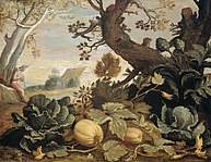 Landscape with fruit and vegetables in the foreground label QS:Len,"Landscape with fruit and vegetables in the foreground" label QS:Lpl,"Pejzaż z owocami i warzywami na pierwszym planie" label QS:Lnl,"Landschap met groenten en vruchten op de voorgrond" 1614-1700. oil on panelmedium QS:P186,Q296955;P186,Q106857709,P518,Q861259. 39 × 50 cm (15.3 × 19.6 in). Amsterdam, Rijksmuseum Amsterdam.