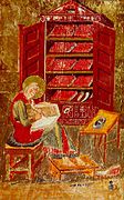Scriptorium de la Alta Edad Media, con una bibliotheca que contiene diez códices en sus estantes. Codex Amiatinus (ca. 700).