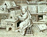 15世紀、羊皮紙写本製作の様子。一文字ずつ人の手で書き写す。道具や、部屋の様子などが伺われる（Miracles de Notre Dameより）。