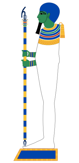 Ptah, in die vorm van 'n gemummifiseerde man, staan op die simbool vir Ma'at en hou 'n septer vas met die gekombineerde anch-djed-was-simbole.