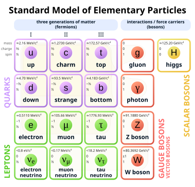 Bảng 4x4 các hạt cơ bản. Trong ba cột đầu tiên, hai hàng chứa các quark và hai lepton. Trong mỗi cột của hai hàng trên cùng tương ứng gồm các quark lên (u) và xuống (d), quark duyên (c) và lạ (s), quark đỉnh (t) và đáy (b), và photon (γ) và gluon (g). Trong mỗi cột của hai hàng dưới cùng tương ứng chứa neutrino electron (ν sub e) và electron (e), neutrino muon (ν sub μ) và muon (μ), và neutrino tau (ν sub τ) và tau (τ), và boson điện yếu Z sup 0 và W sup ±. Khối lượng, điện tích, và spin được liệt kê cho mỗi hạt.