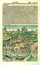 Page depicting Constantinople from Nuremberg Chronicle 1491; image is a woodcut from Wolgemut's workshop with added hand-colouring