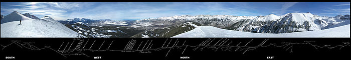 360˚ panorama of the southwestern San Juans, with ridgeline annotation indicating the names and elevations of 43 visible peaks.