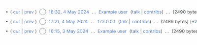 Bosquejo del historial de la página mostrando estilos nuevos y antiguos de nombres de usuarios. La dirección IP 172.0.0.1 cambia a la cuenta temporal ~2024-23126-086, con un ícono revelando la dirección IP subyacente.