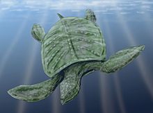 Dessin d'une grande tortue verte avec des taches blanches, sous l'eau, nageant vers le bas