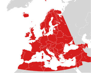 Mapa Evrope, severne Afrike i zapadne Azije; Evropski radiodifuzni prostor je označen crvenom bojom.
