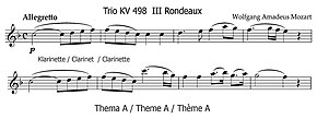 Quelques mesures retranscrites sur deux lignes de partition du trio de clarinette Les Quilles, thème A.