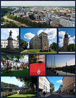 Top:Aerial view of Turku from Turku Cathedral, 2nd left:Statue of Per Brahe, 2nd middle:Turku Castle, 2nd right:Turku Cathedral, 3rd left:Turku Medieval Market, 3rd middle:The Christmas Peace Balcony of Turku, 3rd right:Twilight in Aura River, Bottom left:Summer in Aura River, Bottom right:View of Yliopistonkatu pedestrian area