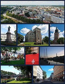 Top row: Aerial view of Turku from atop Turku Cathedral 2nd row: Statue of Per Brahe, Turku Castle, Turku Cathedral 3rd row: Turku Medieval Market, The Christmas Peace Balcony of Turku, Twilight on the Aura River Bottom row: Summer along the Aura River, view of Yliopistonkatu pedestrian area