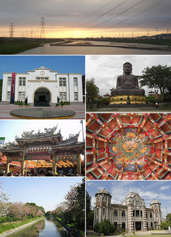 Top:View of Wu River from National Highway 74, between Changsha and Wuri, 2nd left:Changhua County Hall, 2nd right:Baguashan Great Buddha in Changhua City, 3rd left:Lukang Tinhau Temple, 3rd right:View of inside in roof at Longshan Temple, Lukang, Bottom left:View of entrance in Baguashan Buddha Park, Bottom right:Koo's House in Lukang Folk Museum