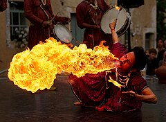 Second place: Fire breathing "Jaipur Maharaja Brass Band" in Chassepierre, Belgium. Luc Viatour (CC-BY-SA-2.5, 2.0, 1.0)