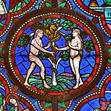 Adam and Eve temptation, detail of a stained glass window (XIIIth century, heavily restored in the XIXth) in the Virgin chapel - Saint-Julien cathedral - Le Mans, Sarthe, France