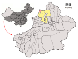 Location of Tacheng City (pink) in Tacheng Prefecture (yellow) and Xinjiang