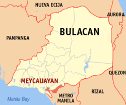 Mapa ng Bulacan na nagpapakita ng lokasyon ng Meycauayan. Coordinates 14°44'N 120°57'E