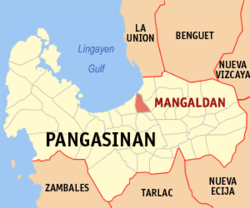Mapa de Pangasinan con Mangaldan resaltado