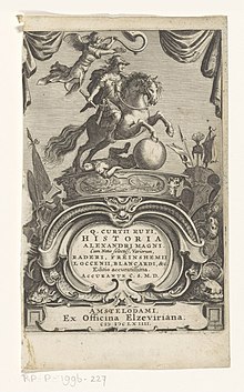 Alexander de Grote te paard Titelpagina voor Quintus Curtius Rufus, Historia Alexandri Magni, 1664, RP-P-1996-227.jpg