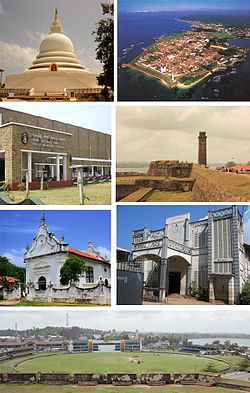 Clockwise from top left: Galle Temple, Aerial view of Galle Fort, Interior of the Galle Fort, St. Aloysius College, Galle View of the Galle International Stadium from the Fort, Dutch Reformed Church of Galle, Galle Municipal Council