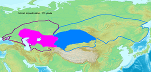 Qərbi Göytürk Xaqanlığı (çəhrayı) və Şərqi Göytürk Xaqanlığının (mavi) sərhədləri