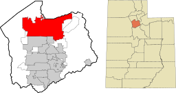 Stadens läge i Salt Lake County och countyts läge i Utah.