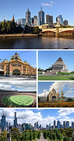De cima, da esquerda para a direita: CBD oriental de Melbourne, atrás da Ponte Princes, Flinders Street Station, Santuário da Lembrança, Melbourne Cricket Ground, Edifício da Exposição Real, e o horizonte de Melbourne.