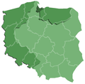 Huidige administratieve indeling van Polen, de westelijke en noordelijke landen in donkergroen