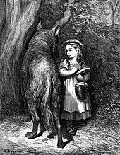 An illustration by Gustave Dore showing Red Riding Hood meeting old father wolf