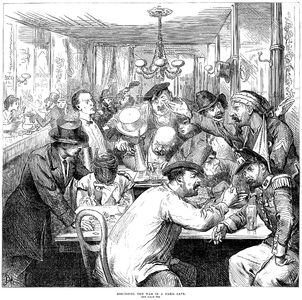 "Discussing the War in a Paris Café" adlı çizim: Paris'teki bir kafede savaş tartışılıyor: Fransa-Prusya Savaşı'nda Sedan Muharebesi ile Paris Kuşatması arasındaki kısa arada. (Üreten: Frederick Barnard)