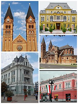 Fentről lefelé, balról jobbra: A Magyarok Nagyasszonya-társszékesegyház, a megyeháza, a társszékesegyház szentélye, polgári ház a Kossuth téren és a Takarékpalota