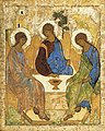 ไอคอน “ตรีเอกภาพที่ศักดิ์สิทธิ์ที่สุด” (Most Holy Trinity) ราวปี ค.ศ. 1400 โดยนักบุญอันเดรย์ รูเบลฟ (Andrey Rublev) มอสโคว์, ประเทศรัสเซีย