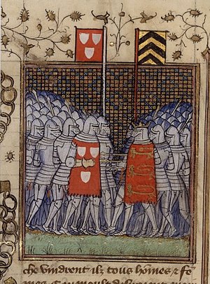 Dua kelompok kesatria abad pertengahan tegak berhadap-hadapan dan saling maju untuk menyerang