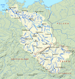 Karta över Elbes lopp och avrinningsområde (tysk text)